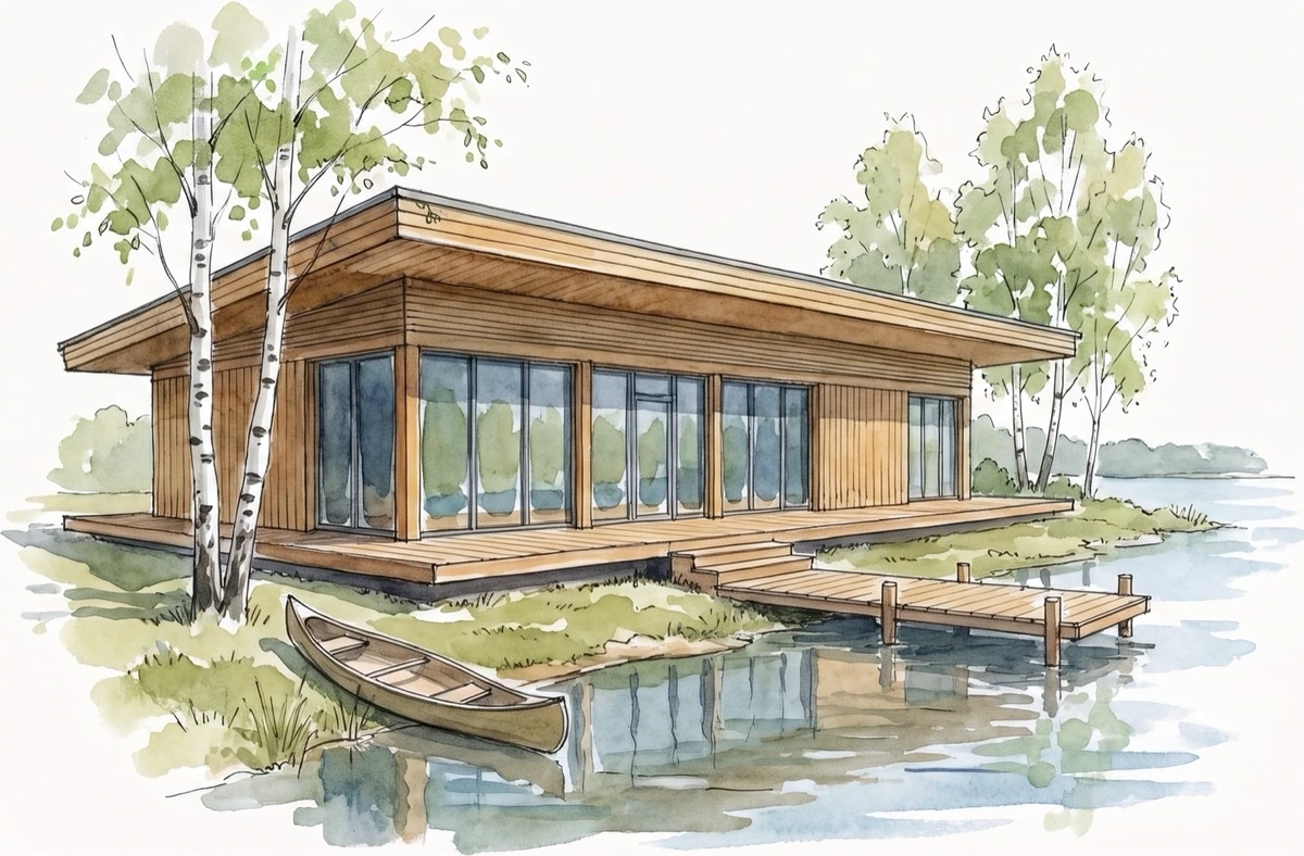 Watercolour drawing of a pavilion by the water